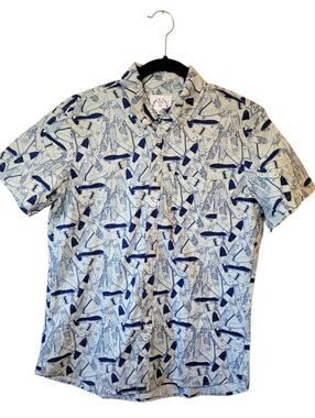 Kirrin Finch White & Navy Skate Board Patterned Button-Down Shirt Size 10